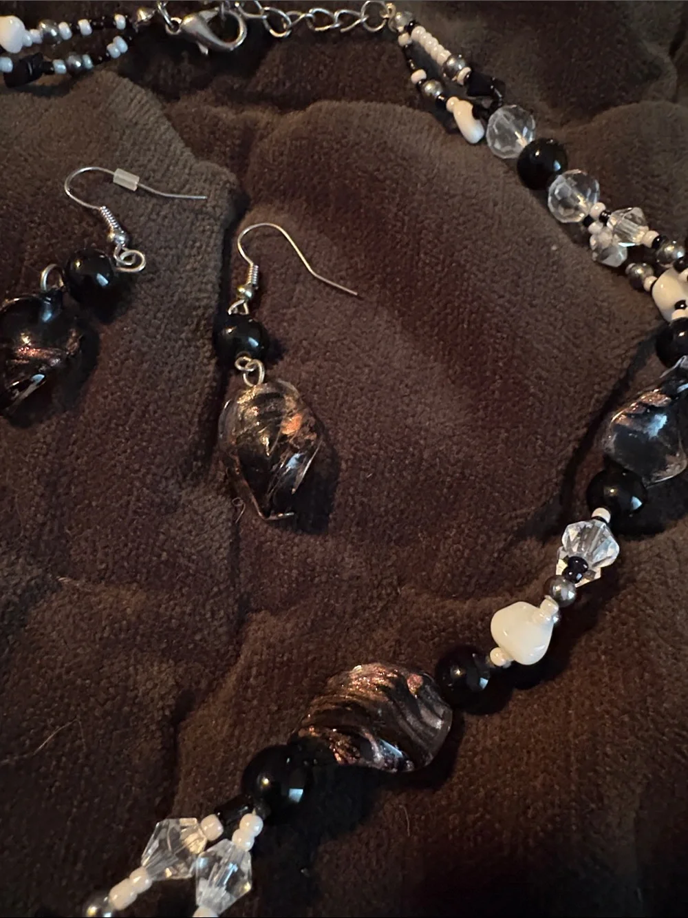 Handcrafted Black and Copper Leaf Bead Necklace with Matching Earrings